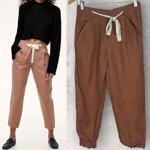 Aritzia Wilfred Linen Allant Pants Brown Cropped Size 00 Boho Silk Drawcord Boho
